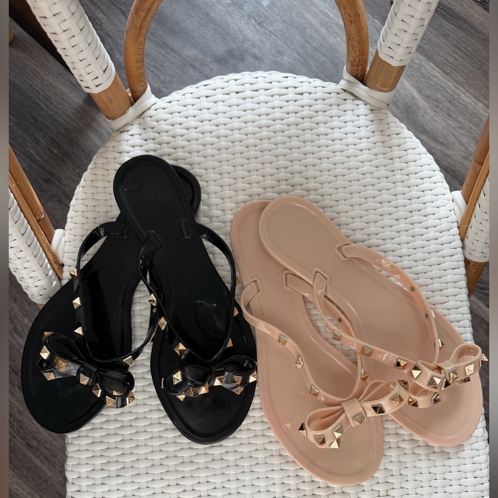 Black & Pink Studded Sandals Studded Jelly Shoes Rivets Bow Sandals sz 41
